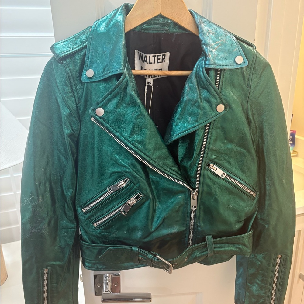 WALTER BAKER Allison Emerald Metallic Green Leather Jacket XS Orig $698